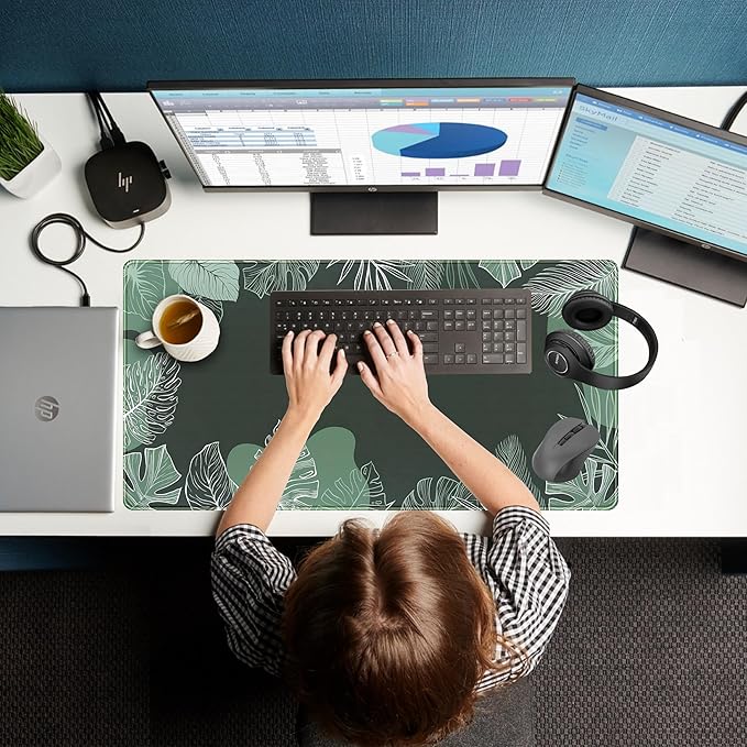 Green Plants Desk Mat Tropical Leaves Mouse Pad Cute, Large Extendded Gaming Deskmat, XXL Laptop Keyboard Mouse Mat Desktop Matt Women Office Desk Accessories Mousepad Desk Cover Mat, 31.5"x15.75"