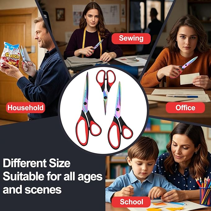Craft Scissors Set of 3 Pack, All Purpose Sharp Titanium Blades Shears, Comfort Grip Handle, Multipurpose Fabric Scissors Tool Great for Adults, Office, Sewing, School and Home Supplies, Red&Black