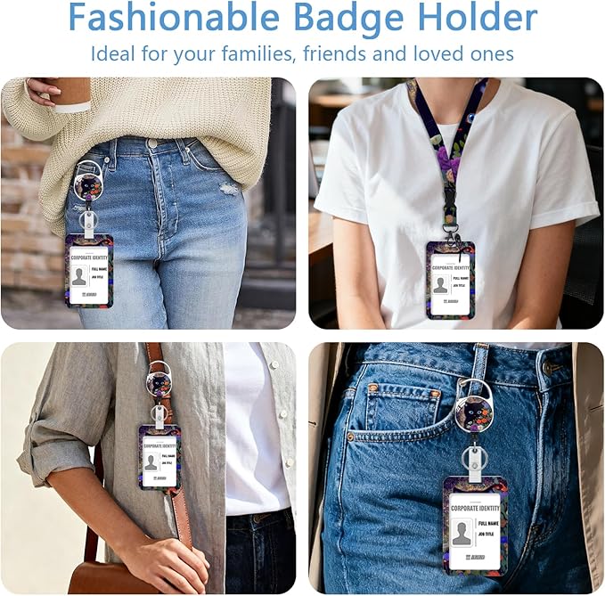 Black cat Badge Holder Reel Lanyard,Flower ID Card Badge Holder Retractable Name Tag Clips for Doctor Nurse Teacher Office Student