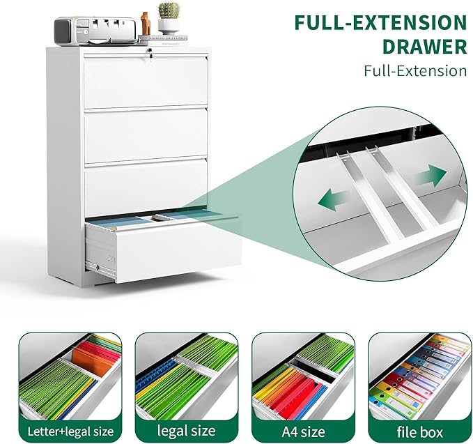 4 Drawer Lateral File Cabinet, Metal Filing Cabinets for Home Office, Wide File Storage Cabinet for Letter Legal Size Hanging File Folders, Assembly Required, (White)