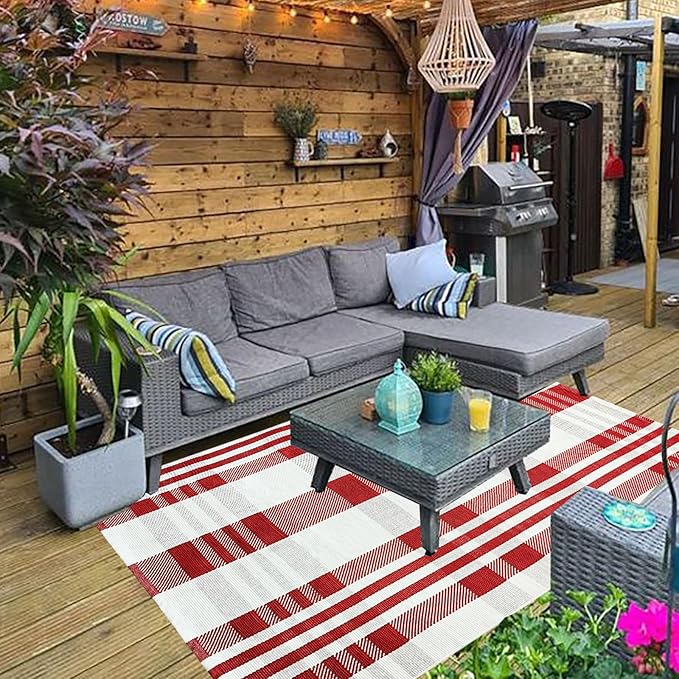 Christmas Plaid Outdoor Rug, 4' x 6' Red&White Check Indoor/Outdoor Area Rug, Layering Rug for Hello/Welcome Door Mat, Machine Washable Cotton Woven Rug for Farmhouse Front Porch, Entryway