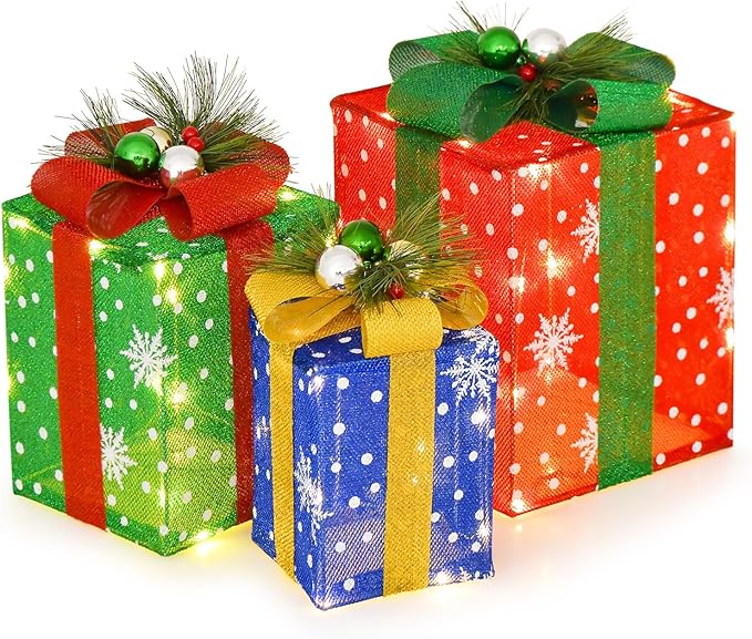 Tangkula Set of 3 Lighted Boxes Decoration, Lighted Present Boxes Set with Exquisite Boxes, Indoor Outdoor Christmas Decoration with 52 Pre-lit LED Lights for Yard Lawn Porch