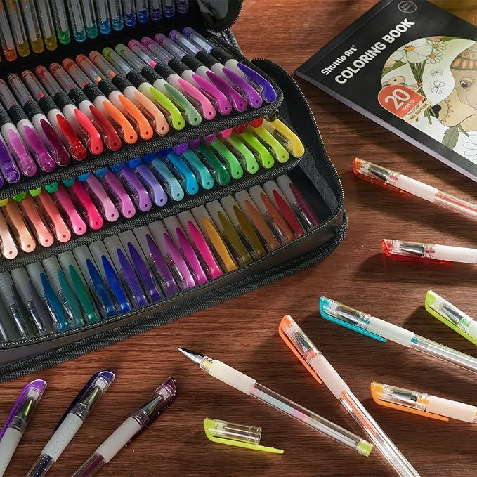 Shuttle Art Gel Pens, 130 Colors Gel Pen with 1 Coloring Book in Travel Case for Adults Coloring Books Drawing Crafts Scrapbooking Journaling