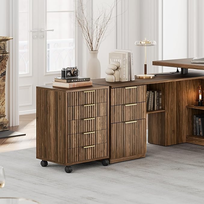 5 Drawer Chest, Under Desk Storage Wood Drawers with Wheels, Fluted File Cabinet for Home Office, Black Walnut