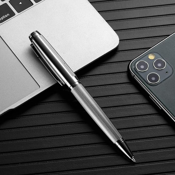 Ballpoint Pen with Gift Box for Men Women,Luxury Stainless Steel Retractable Pen Executive Home Office Use, and 2 Extra Refills Black Ink 1.0mm B2 (full gray)