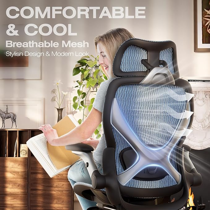 ELABEST X100 Ergonomic Office Chair with Footrest, Big and Tall Home Desk Chair with 5D Flip-Up Arms, Adjustable 8D Lumbar Support,High Back Rolling Computer Chair, Swivel Mesh Chairs (Oaxaca Blue)