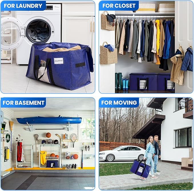 TAILI 12 Pack Dark Blue Extra Large Moving Bags, Heavy Duty Totes with Visible Window, Wrap Around Handles, Great for Space-Saving