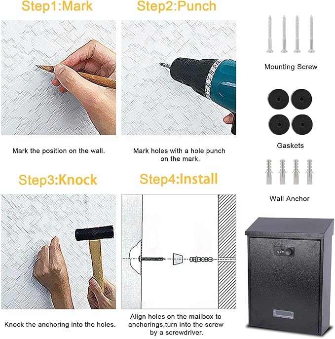 xydled Mail Boxes with Combination Lock,Locking Mailbox Wall Mounted,Large Capacity,Steel Cover Metal Postbox for House, 12.4×8.5×3 Inch, Black