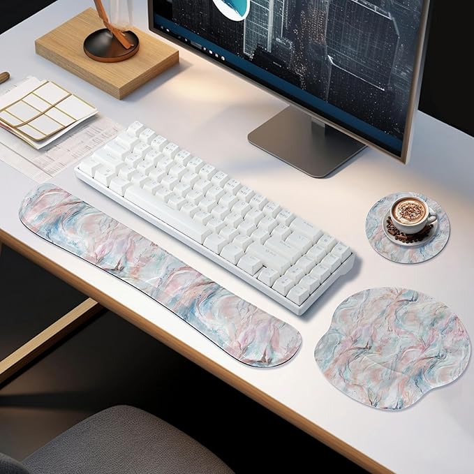 RICHEN Mouse Pad and Keyboard Wrist Rest, 3-in-1 Computer Mousepad and Coaster Set, Non-Slip Keyboard Wrist Rest and Mouse Pad Set Ergonomic Design(YKMWR-60)