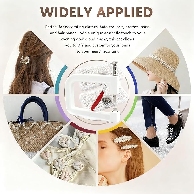 Pearl Setting Machine Hand Press Tools 2 Boxes White No Holes Pearl Beads with Rivet Studs Screw Heads L Hexagon Wrench for Decorating Clothes Hat Trousers Dresses Bag Hair Band DIY Crafts (White)