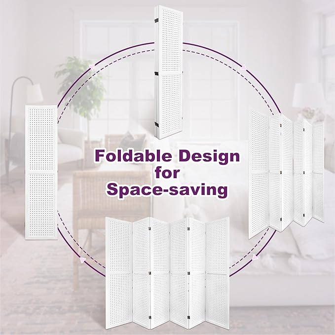 Room Divider, 5.6FT Folding Room Divider Panel, 6 Panel Pegboard Display Wood Partition Wall Divider for Room Separation& Craft Shows, White