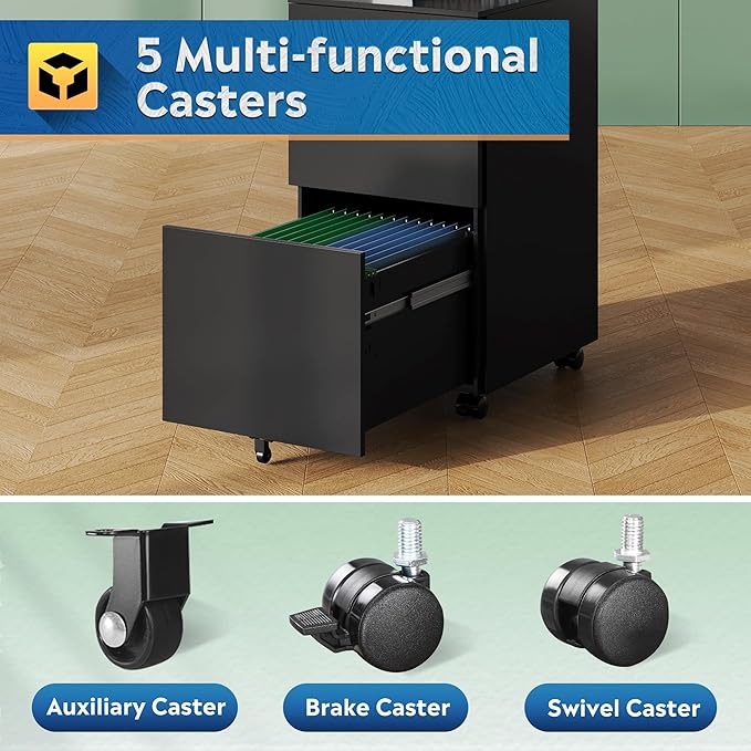 DEVAISE 2-Drawer File Cabinet with Lock, Rolling Metal Filing Cabinet on Wheels for Home Office, Fully Assembled Under Desk Storage Organizer, Black, 17" D x 15" W x 27" H