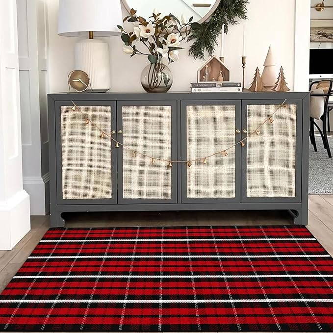 Buffalo Plaid Outdoor Rug, 3' x 5' Christmas Red & Black Check Indoor/Outdoor Area Rug, Layering Rug for Hello/Welcome Door Mat, Machine Washable Cotton Woven Farmhouse Mat for Front Porch Décor