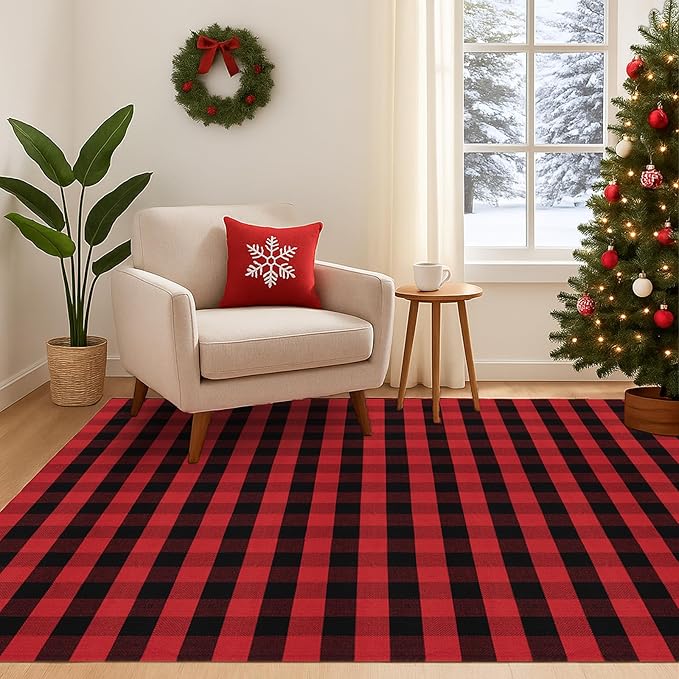 Ckorzen Red and Black Plaid Rug, 8' x 10' Christmas Front Porch Outdoor Rug, Handwoven Cotton Washable Rug for Layered Door Mats, Holiday Entryway and Home Décor