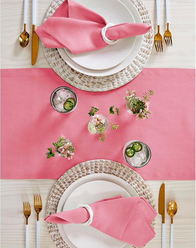 Solino Home Linen Table Runner 90 Inches Long - 100% Pure Linen Pink Carnation Table Runner 14 x 90 Inch - Fete