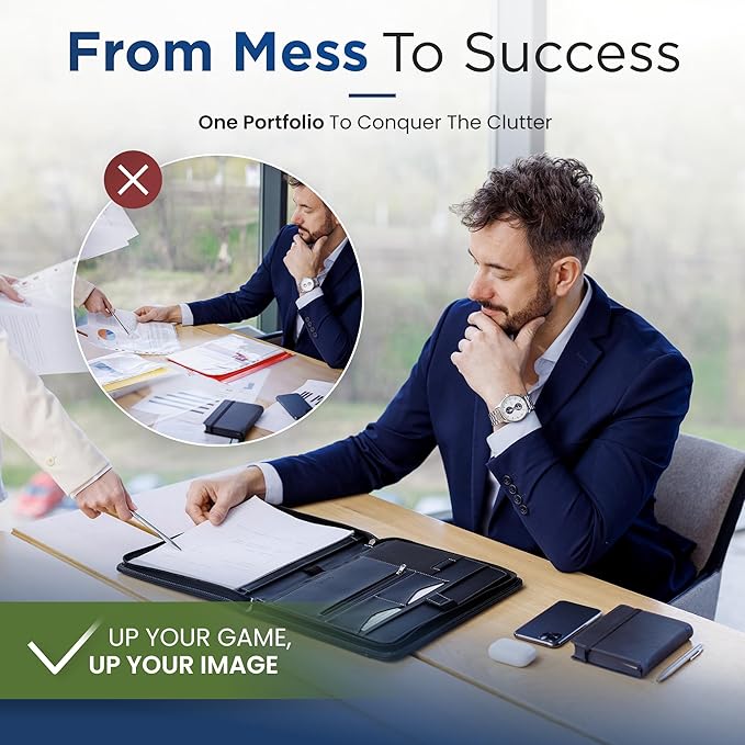 STYLIO Zipper Padfolio Portfolio Binder Organizer | Faux Leather Portfolio for Resume, Documents, Phone, Tablet, Business Supplies and Cards | Notebook Organizer with Letter Sized Notepad Included