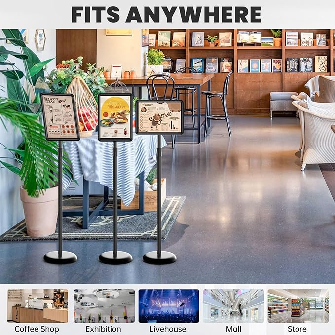 Sign Stand Holder 8.5x11 inch - Adjustable Sign Holder Stand for Display with Heavy Duty Base, Floor Standing Sign Holder for Business, Retail, Events, Offices, Trade Show(Black 8.5×11 inch - 1 Pack)