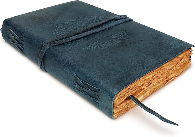 LUXEORIA Tree Of Life Leather Journal for Women and Men, Handcrafted Leather Journal for Writing Womens, Sketchbook, Travel Diary with Unlined Deckle Paper, Dark Blue 8x13