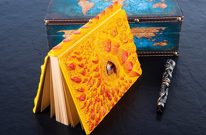 3D Dragon Eye Embossed Journal,Resin Engraving Notebook,Dnd notebook for Dragon Lovers ,Blank Paper,Hardcover Travel Notepad for Writing,Sketchbook,Collection,Gift,Decoration A4 and A5 Size (A5-Yellow)
