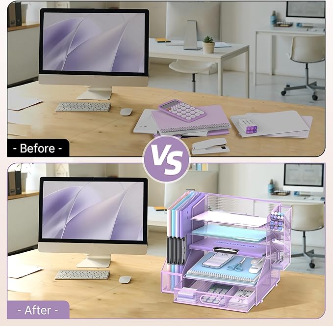 DALTACK Mesh Desk Organizer, 5-Tier Paper Letter Tray with File Holder & Pen Holder & Sliding Drawer, Desktop Organizer and Storage for Desk Accessories Office Supplies, Purple