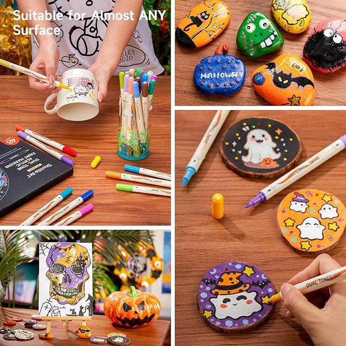 Shuttle Art 24 pack Dual Tone Acrylic Paint Markers, 48 Colors Acrylic Paint Pens for Rock Painting, Ceramic, Wood, Canvas, Glass, Stone, Fabric, Card Making, DIY & Art Supplies