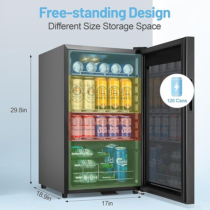 Beverage Refrigerator Cooler, 17 Inch 120 Cans Freestanding Mini Fridge with Glass Door, Adjustable Shelves and LED Light, Small Drink Fridge Counter-top Beer Fridge for Bedroom Office Bar