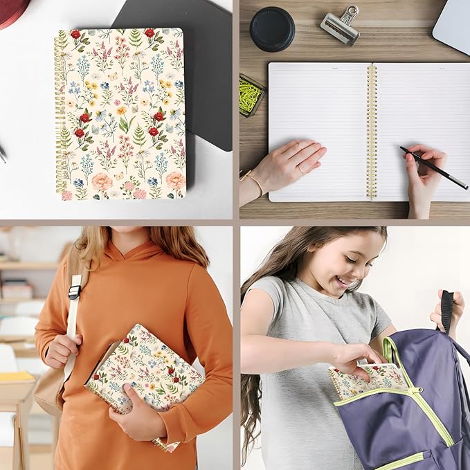 Cute Spiral Notebook journal A4 Aesthetic Pretty Design for Women Girls Kawaii with Pocket, 11.5 x 8.5 inch, Lined, Vintage Flower