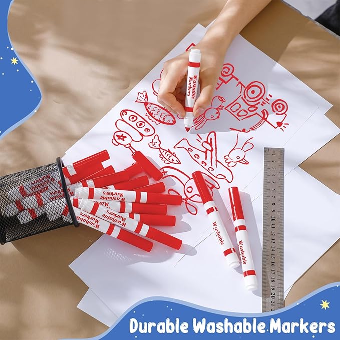 Janlaugh 60 Pcs Red Washable Markers Bulk Coloring Broad Line Markers for Kids Conical Tip Red Drawing Pens for Classroom Back to School Travel Art Baby Shower Gender Reveal Supplies, Ages 6+