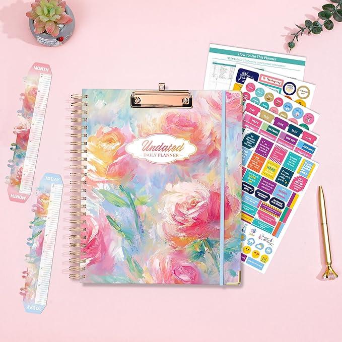 Ospelelf Undated Spiral Bound Planner Daily, Weekly and Monthly Planner, Pink Teacher Student Planner 12 Month 8.5 x 11