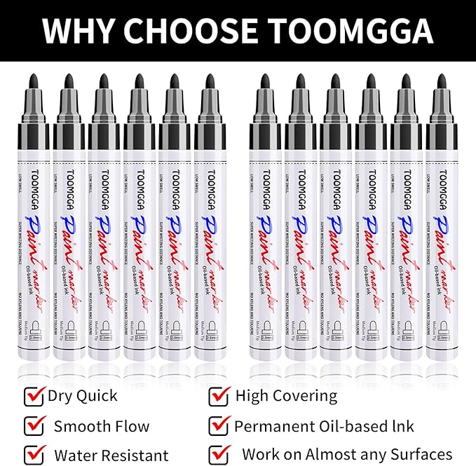 Black Paint Pens Permanent Paint Markers - 12 Pack Oil Based Marking Pens, Medium Point, Quick Drying and Waterproof for Rock Painting Car Tyre Metal, Plastic, Canvas, Wood