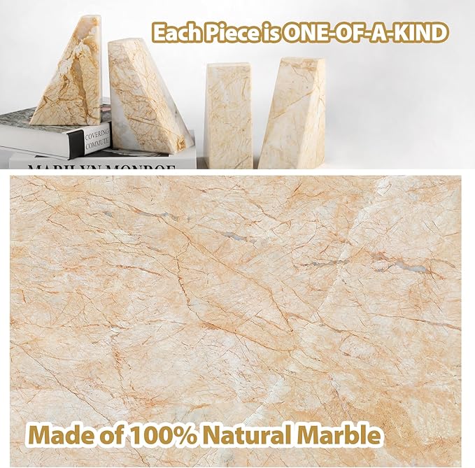 Koville Marble Bookends for Shelves, Large Bookends for Heavy Books, Natural Stone Book Stopper for Books CD Movies, Aesthetic Decorative Book Ends, Bookshelf Table Home Decor(Gold)