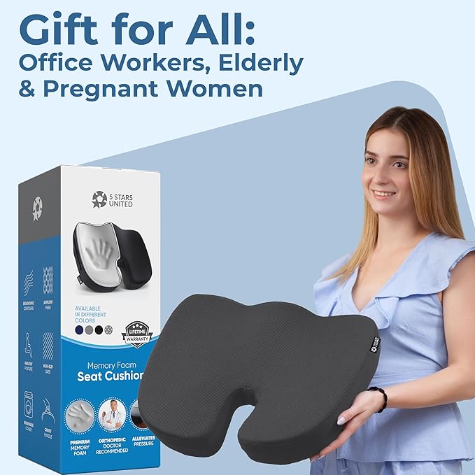 5 STARS UNITED Seat Cushion for Tailbone Pain Relief ā Large Memory Foam Lifting Pillow for Coccyx, Hip, Sciatica & Post-Surgery Recovery ā Wheelchair, Car, Desk, Gaming & Office Chairs, Dark Gray