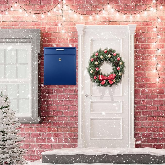 Locking Mailbox with Key for Outdoor 12 x 10.5 x 4.7 Inches Large Wall Mount Mail Box with Lock Security Mail Drop Metal Collection Boxes Hanging Secure Postbox(Dark Blue)