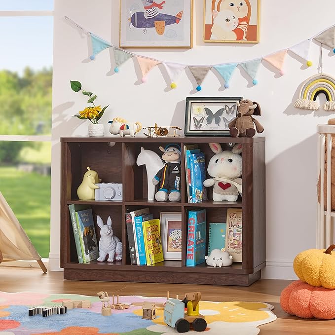 6 Cube Storage Bookcase, 40" Wide Low Horizontal Book Shelf with Curved Edge, Wood Floor Standing 2-Tier Bookshelf with Base, Farmhouse Short Book Case for Bedroom, Living Room, Office, Walnut