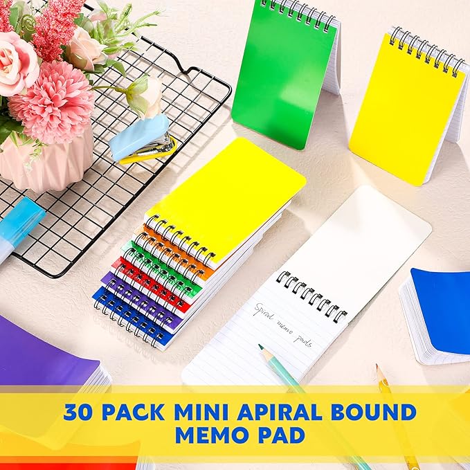 30 Pack Spiral Memo Pads 3 x 5 Inch Spiral Journal Lined Wirebound College Ruled Notebook Solid Colors, 75 Sheets/pad, Notebook for School Office Travel Business Supplies (Bright Color)
