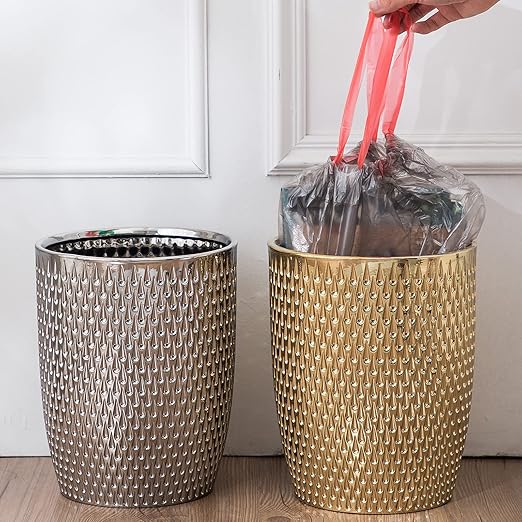 Modern Golden Small Trash Can Wastebasket, Garbage Container Bin for Bathrooms, Powder Rooms, Kitchens, Home Offices - Durable Ceramics - Round