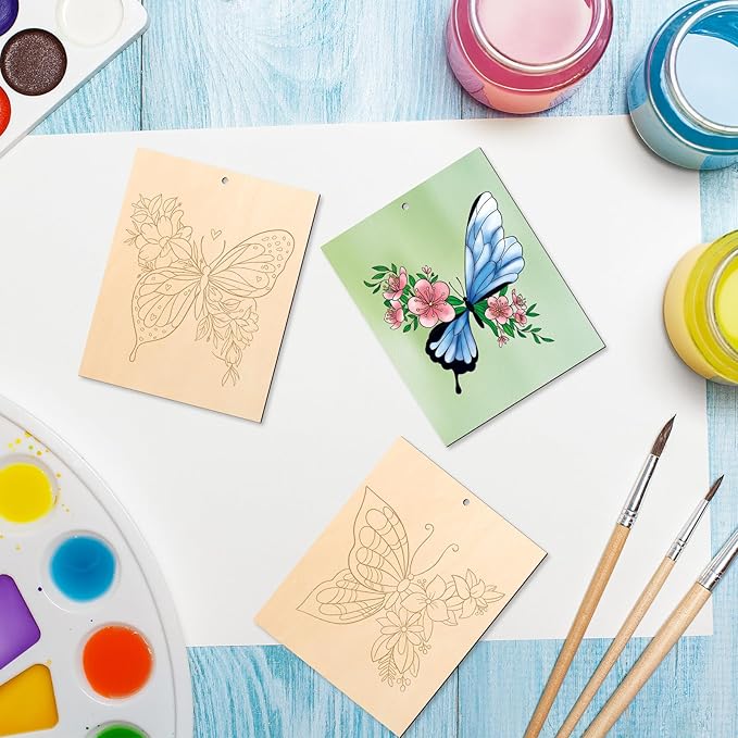 COCHIE 10 Pieces Large Spring Butterfly Unfinished Wood Crafts to Paint for Adults and Kids, Bulk Predrilled Wooden Ornaments for Painting, Butterflies Paintable Wood Slices Craft Supplies with Ropes
