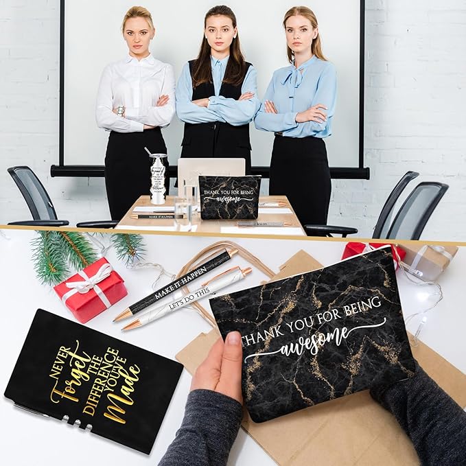 Domensi 6 Pcs Employee Appreciation Gift Set for Women Female Thank You Gift May You Be Proud 20 oz Rustic Marble Sign Tumbler Makeup Bag Journal for Teacher Nurse Lady Work Business(Black)