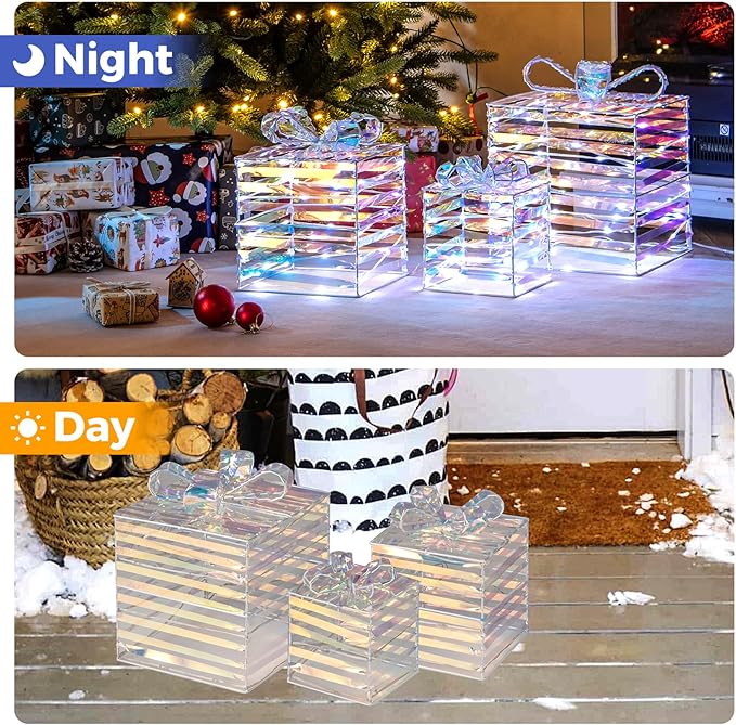 Tangkula Set of 3 Christmas Lighted Gift Boxes, Pre-lit 90 LED Light Up Present Box Decorations with Bows and Plug, Indoor Outdoor Xmas Boxes for Christmas Tree, Holiday Party Decorations