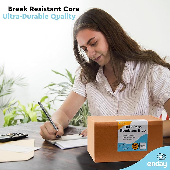 Enday Ballpoint Pens Bulk Blue and Black Pens (240 Pack) 120 Black & 120 Blue - Medium Point (1.0mm) Flexible Round Barrel For Writing Comfort, Pens Bulk for School, Home and Office.