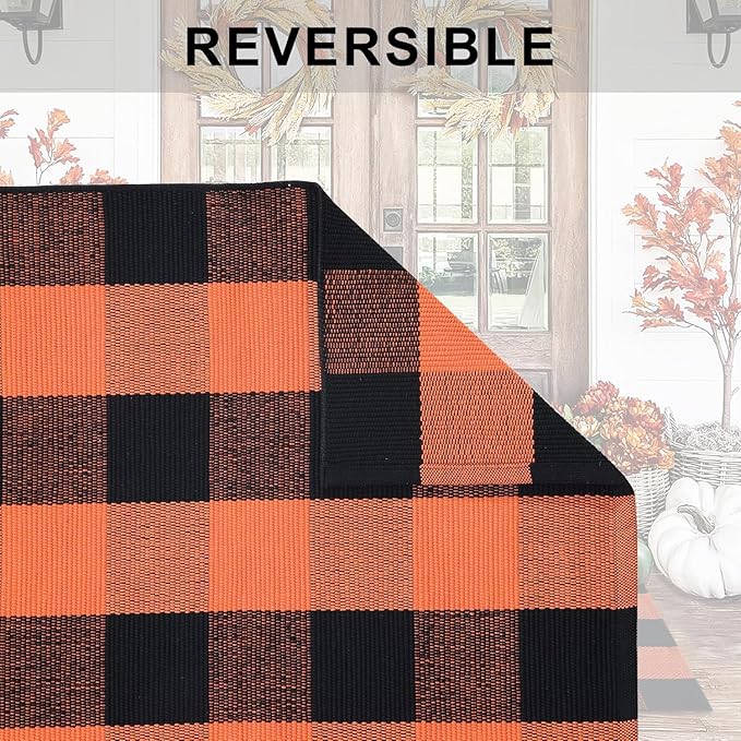 Orange and Black Plaid Rug, 24'' x 51'' Fall Outdoor Front Door Decor Mat, Cotton Washable Hand-Woven Rug for Layered Doormat, Autumn Halloween Thanksgiving Carpet for Porch, Entryway