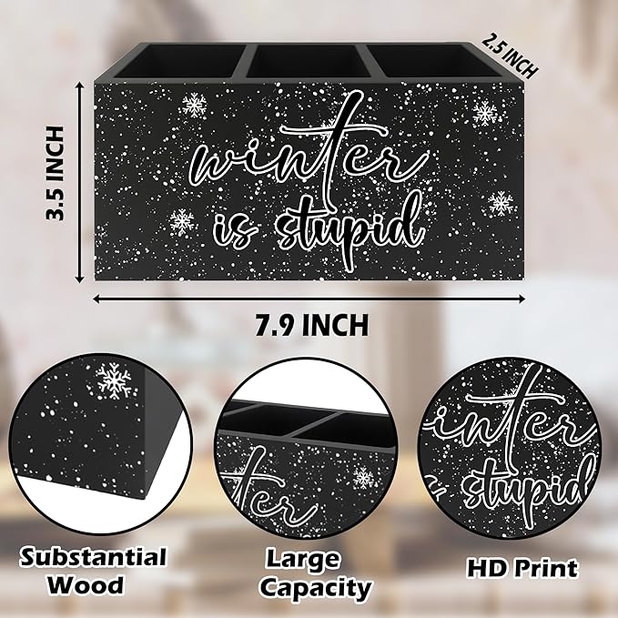 Funny Black Christmas Pen Pencil Holder Organizer for Desk, Winter Is Stupid Winter Snowy Xmas Snowflake Wooden Box Signs Decorations for Home Office Desk Tabletop