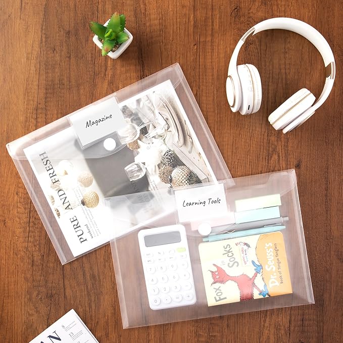 SUNEE 24 Pack Plastic Envelopes, Clear Folders for Document for A4 Letter Size, Poly File Folders with Label Pockets for School Home Office Organizer Work Supplies