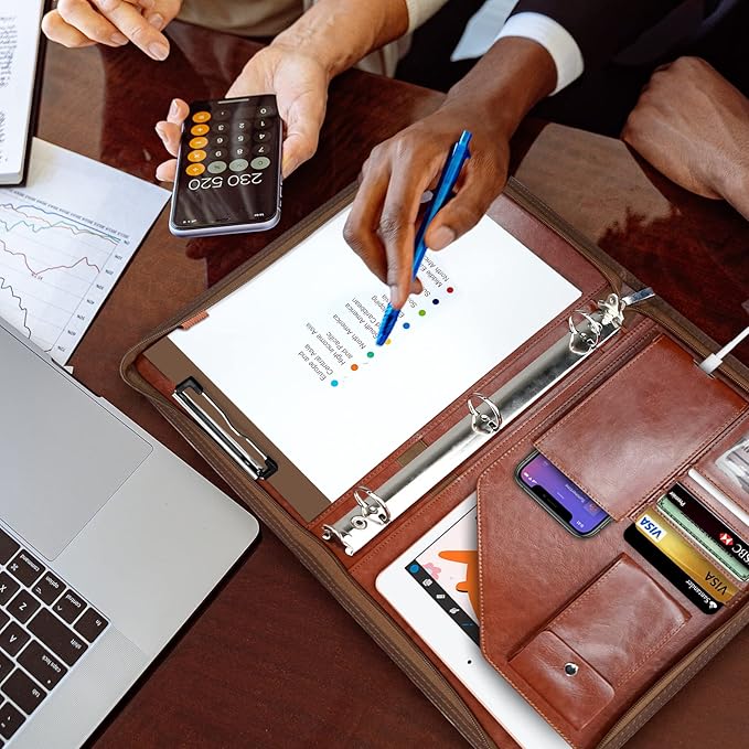 Zippered Portfolio Organizer, WRIYES Leather Padfolio with 3 Ring Binder, Professional Business Binder, Organizer for IPad/Document, Phone & Business Cards, Office Gifts for Men or Women (Brown)