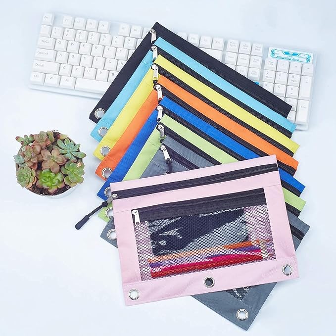 Pencil Pouch, 3 Ring Binder Pencil Bag with Large Capacity, Zipper Pulls Double Pockets Pencil Case with 3 Binder Hole and Mesh Window (Light Blue and Green)