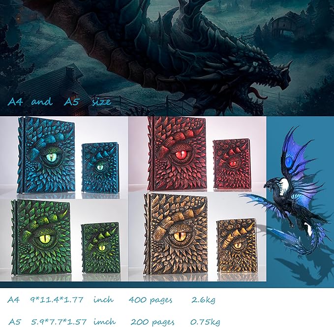 3D Dragon Eye Embossed Journal,Resin Engraving Notebook,Dnd notebook for Dragon Lovers ,Blank Paper,Hardcover Travel Notepad for Writing,Sketchbook,Collection,Gift,Decoration A4 and A5 Size (A5-Blue)