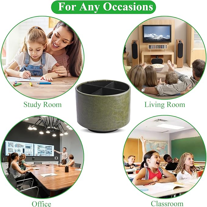 Hennaja Round Leather Art Supply Organizer,Remote Control Holder,360 Degree Spinning,Multi-Functional Pencil Holder,4 Compartments Desktop Stationary Organizer(1-Oil Green)