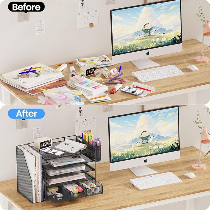 Desk Organizers and Accessories, 5-Tier Paper File Organizer with Drawer & Pen Holder, Office Desk Accessories Workspace Desktop Organizer for Office Supplies(Black)