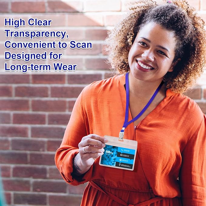 Marspark 50 Sets Clear Name Tags with Lanyard, Lanyards for ID Badges Reusable Strap with ID Holder Plastic Name Badges for Adults Business School Church Conference (Blue)