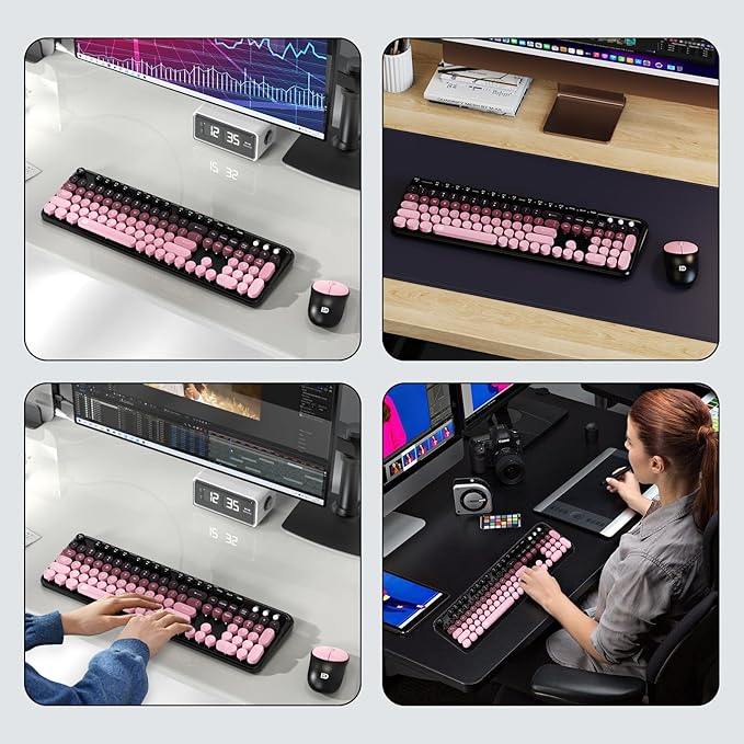 FD Wireless Keyboard and Mouse Combo - 2.4G Full-Sized Cute Colorful Mouse and Keyboard with 104 Round Keys Retro Typewriter Keyboards for Laptop/Windows/PC - Pink Gradient